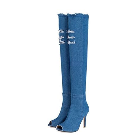2019 High Quality Woman Denim Knee Boots Heel Pumps Sexy Open Sock Hip