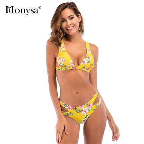 Monysa New Floral Printed Bandages Bikini Women 2018 Summer Beach Bathing Suit Low Waist Push Up