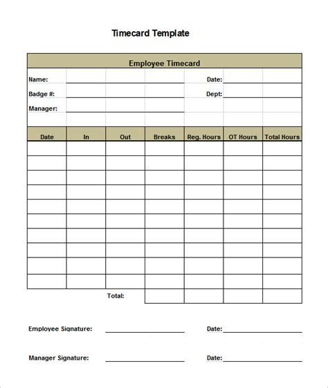 Printable Timecard Template Business Psd Excel Word Pdf