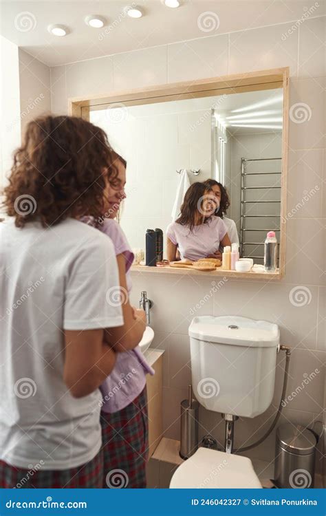 Guy Hugging His Joyful Girlfriend In Bathroom Stock Image Image Of Relationship Couple 246042327