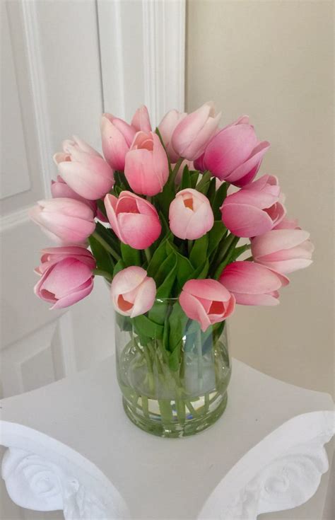 Pink Tulip Arrangement 30 Tulips Floral Centerpiece White