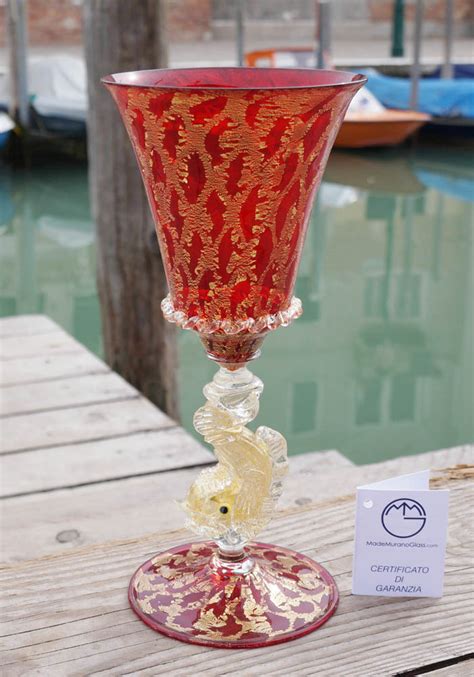 Venetian Glass Red Goblet With Gold 24 Carats Murano Glass Made Murano Glass