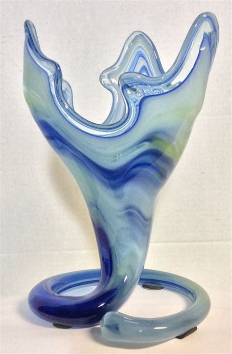 Murano Italian Hand Blown Clear Blue And White Swirl Art Glass Ruffled Vase Murano Artdeco