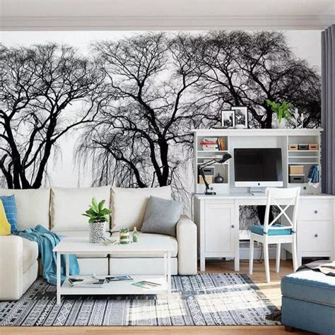 Custom Wallpaper Mural Black And White Riverside Trees Bvm Home