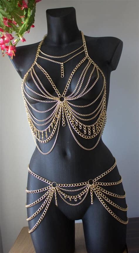 Chain Body Harness Chain Bralette Dancer Belly Chain Etsy Body Chain Jewelry Chains Jewelry