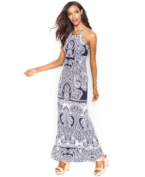 Inc International Concepts Printed Hardware Halter Maxi Dress In Blue