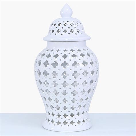 White Ceramic Ginger Jar Vase Home Decoration With Domed Lid 61cm