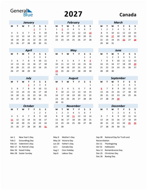 2027 Canada Calendar With Holidays