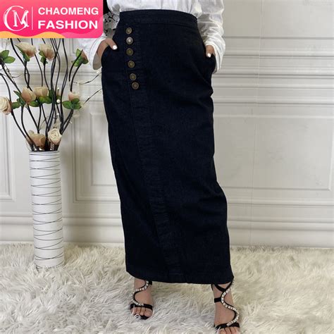 Autumn High Waist Black Denim Skirt Muslim Maxi Dress Skirts With Button Pocket Skirt Islamic