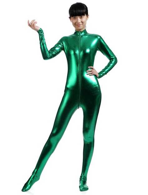 Dark Green Zipper Shiny Metallic Zentai Suit For Women Halloween
