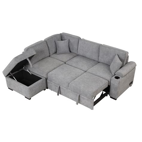 Convertible L Shaped 5 Seat Sectional Sofa With Sleeper Storage And
