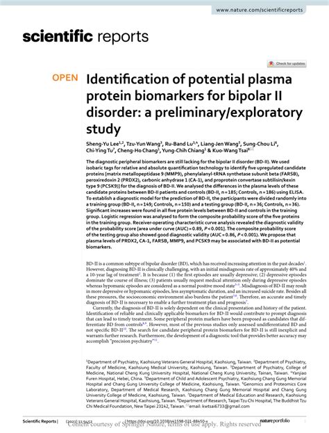 PDF Identification Of Potential Plasma Protein Biomarkers For Bipolar