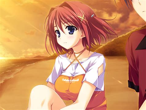 akabeisoft2 beach blue eyes game cg kourin no machi lavender no shoujo short hair sky sunset