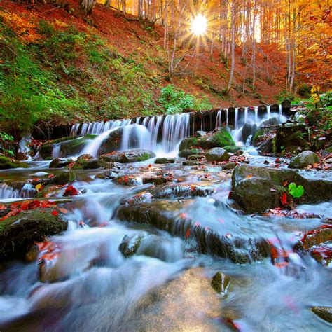 Beautiful Waterfall In Forest At Sunset Stock Photo Image Of Autumn