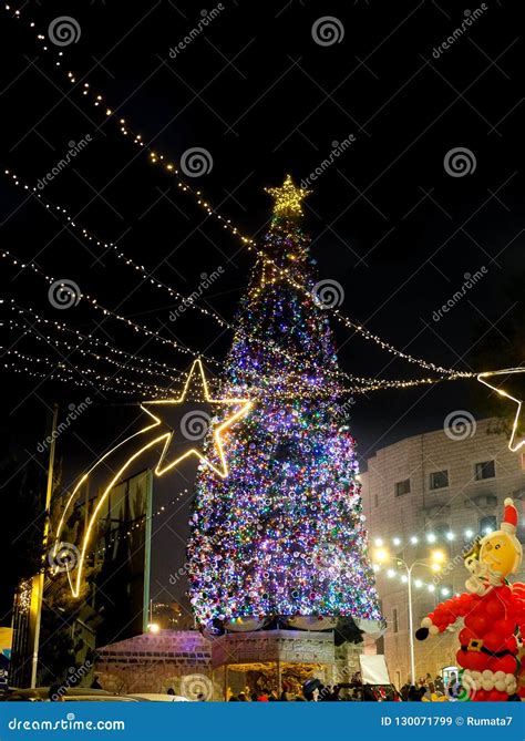 Beautiful Illuminated Christmas Tree At Night Nazareths Square Israel