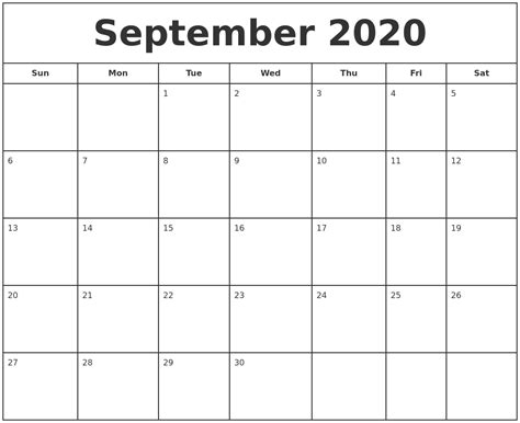 September 2020 Print Free Calendar