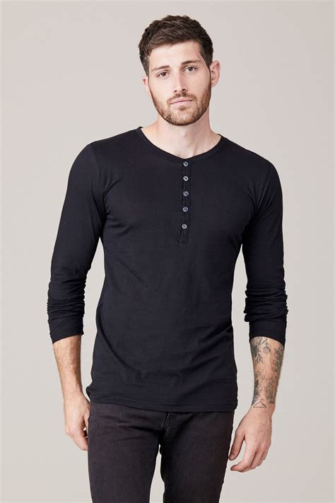 Mens Long Sleeve Button Henley Black Lna Clothing