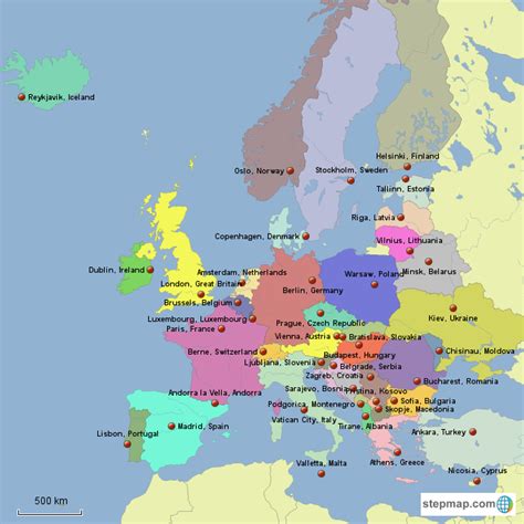 StepMap Countries Capitals of Europe Landkarte für Europe