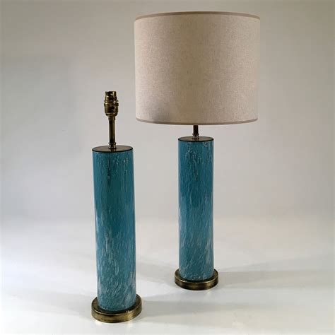 Pair Of Small Sky Blue Bubble Fizz Glass Lamps On Round Brass Bases T4814 Tyson