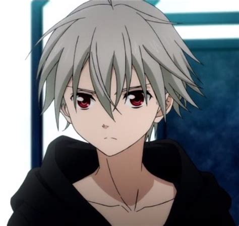 An Anime Character With Grey Hair And Red Eyes Looking At The Camera While Standing In Front Of