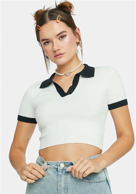 Ribbed Collared Crop Top White Dolls Kill