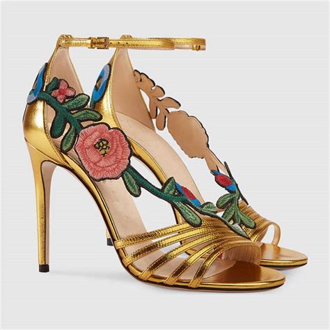 Boussac Flower Embroider Gladiator Sandals High Heels Gold High Heel