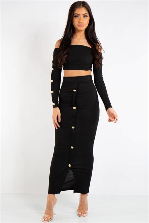 Abigail Black Long Skirt And Crop Top Button Coord