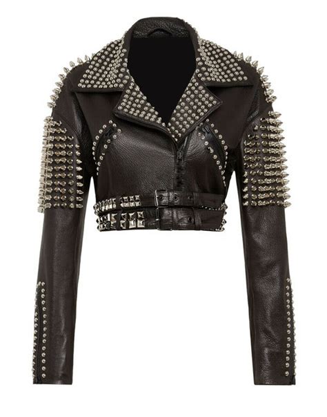 New Women Silver Spiked Studded Punk Biker Leather Jacket Your Name