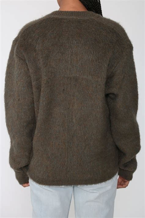 Mohair Wool Sweater Fuzzy Brown V Neck Sweater 70s Cozy