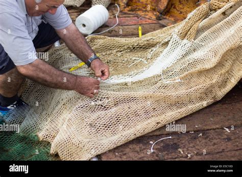 Man Weaving Fishnet Fishing Net Boat Industry Commercial Stock Photo