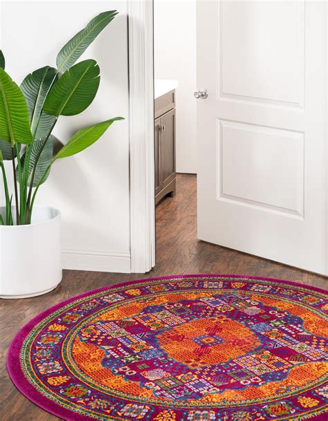 Round shaped rugs soften a square angular space. Fuchsia 7' 10 x 7' 10 Calypso Round Rug | Rugs.ca