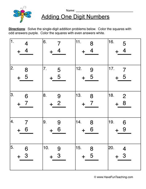 Adding Single Digit Numbers Worksheet By Teach Simple