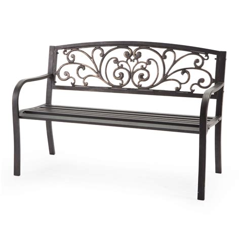 Curved Metal Garden Bench With Heart Pattern In Black Antique Bronze F