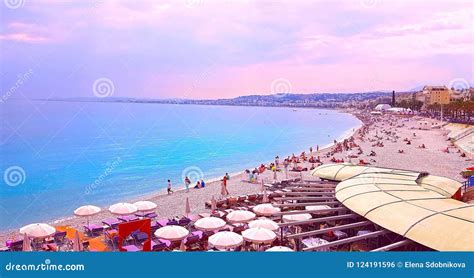 View Of Nice City Beach At Sunset Promenade Des Anglais Cote D`azur
