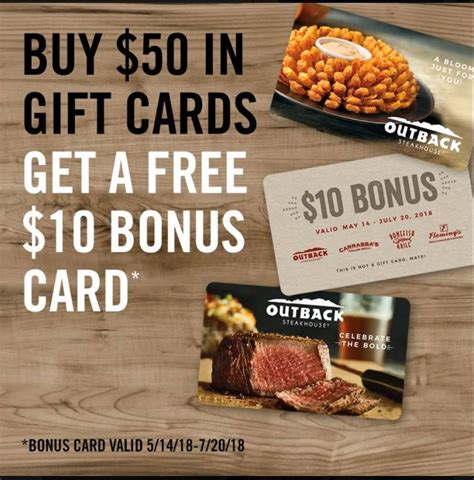 Maybe you would like to learn more about one of these? Outback Steakhouse Gift Card deal is back! Every $50 card purchase comes with a $10 bonus card ...