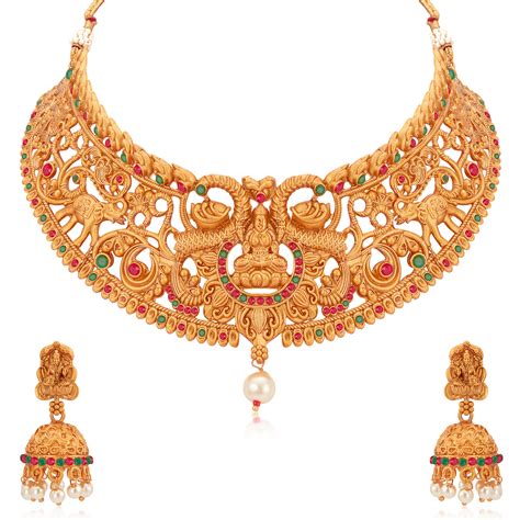 buy sukkhi lavish gold plated temple choker necklace set for women