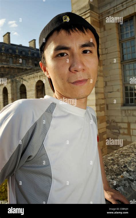 Paris France Portrait Young Chinese Man Visiting Chateau Asian Man