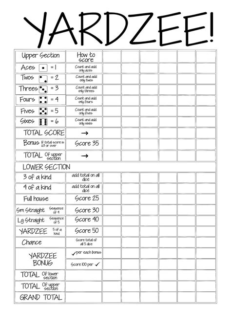 Free Yardzee Printable Printable Templates