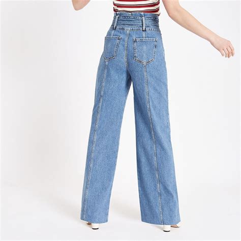 Mid Blue Belted Wide Leg Denim Jeans Bootcut And Flared Jeans Jeans