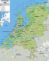 Large physical map of Netherlands with roads, cities and airports ...