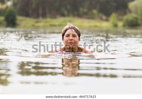 Healthy Senior Woman Swimming Lake River Stock Photo 464717621