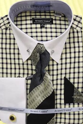 Avanti Mens Collar Bar Dress Shirt Plaid Black Tie Hanky Dn128m