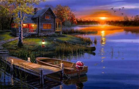 Log Cabin Lake Motor Boat Canoe Sunset Cross Paintings Lake
