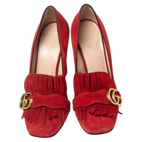 Gucci Red Suede Leather Gg Marmont Fringe Detail Block Heel Pumps Size