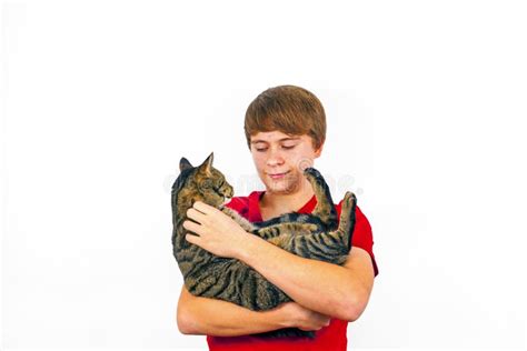 Boy Holds His Tabby Cat In His Arms Stock Image Image Of Love Holds