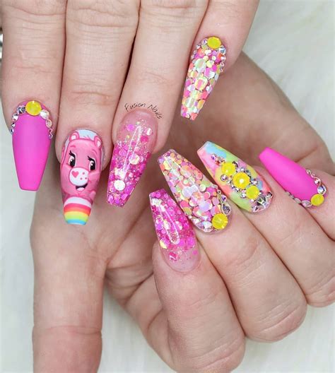 care bear nail art pink glitter nails bears nails cute acrylic nails