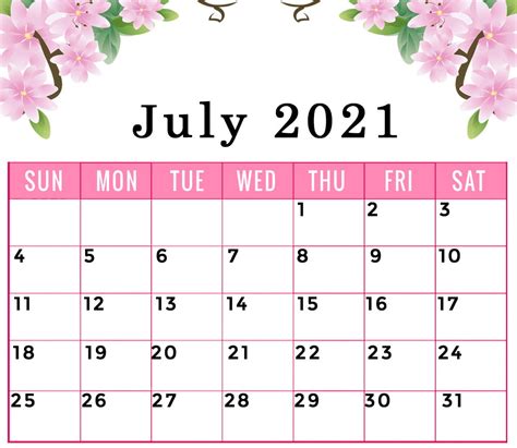 Floral July 2021 Calendar Free Month Of Jul Cal Printable Flowers To Print