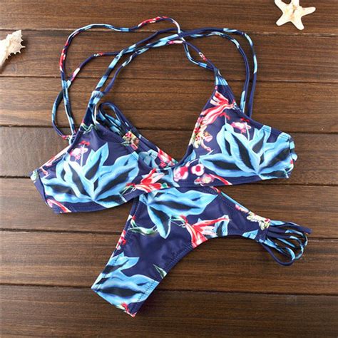 Print Bikini Leaves Bandage Triangle Swimsuits Bikini Set For Wonman On