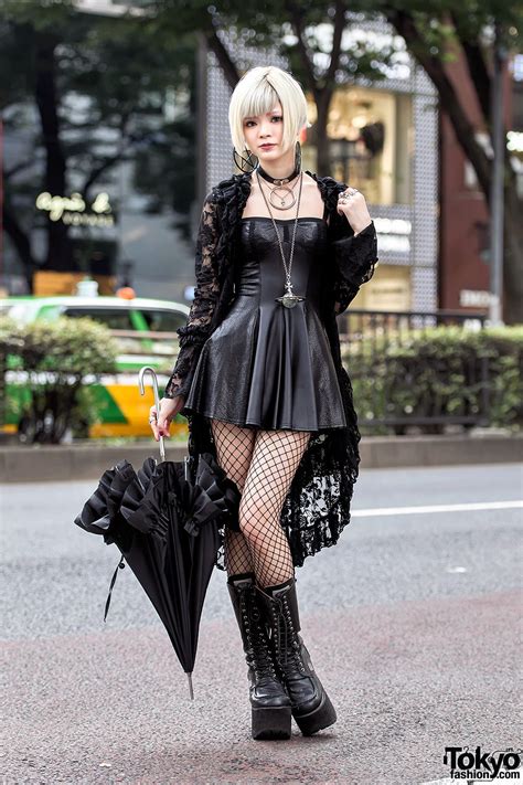 Gothic Harajuku Girl In Black Lace Mini Dress Platform Boots And Vivienne Westwood Harajuku