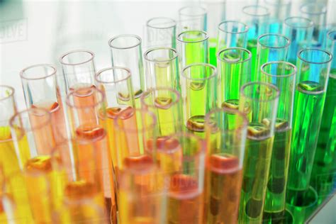 Close Up Of Rack Of Test Tubes With Solution In Lab Stock Photo